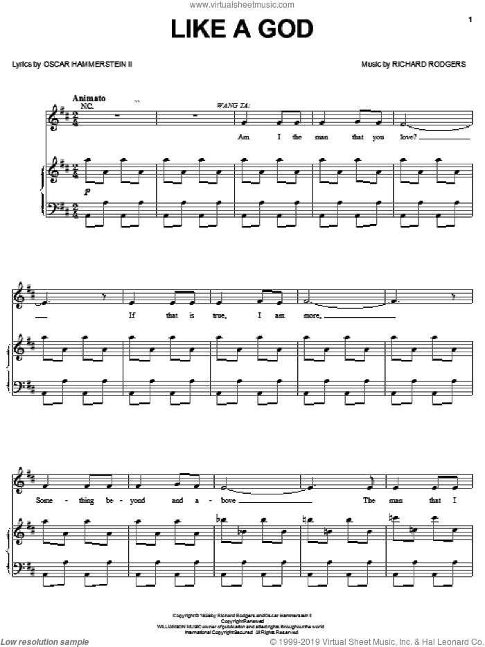 Like A God sheet music for voice, piano or guitar by Rodgers & Hammerstein, Flower Drum Song (Musical), Oscar II Hammerstein and Richard Rodgers, intermediate skill level