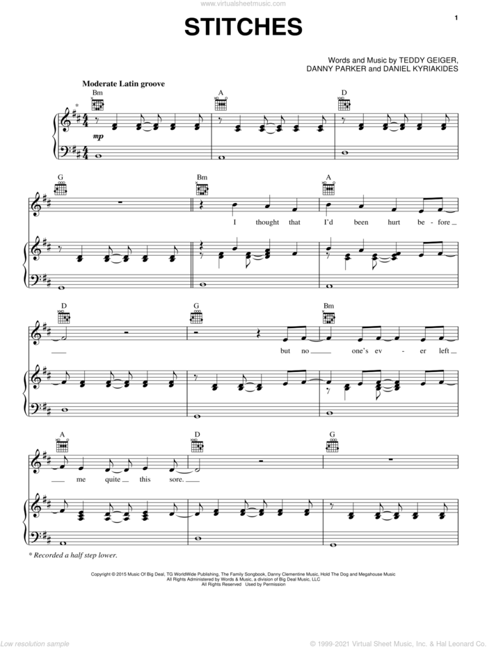 Stitches sheet music for voice, piano or guitar by Shawn Mendes, Daniel Kyriakides, Danny Parker and Teddy Geiger, intermediate skill level