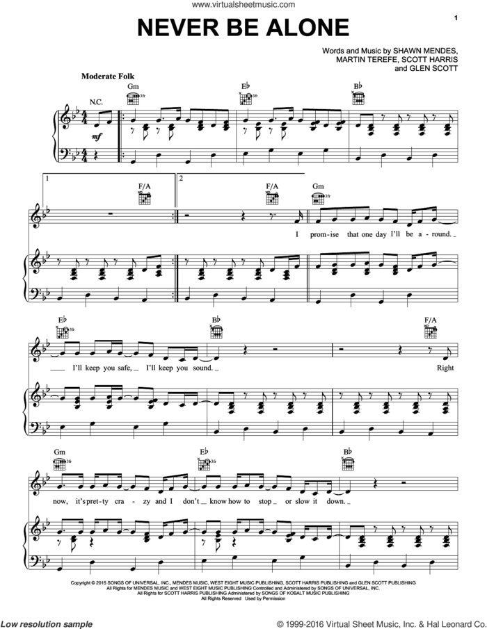 Never Be Alone sheet music for voice, piano or guitar by Shawn Mendes, Glen Scott, Martin Terefe and Scott Harris, intermediate skill level