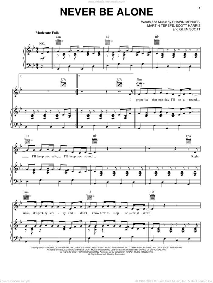 Never Be Alone sheet music for voice, piano or guitar by Shawn Mendes, Glen Scott, Martin Terefe and Scott Harris, intermediate skill level