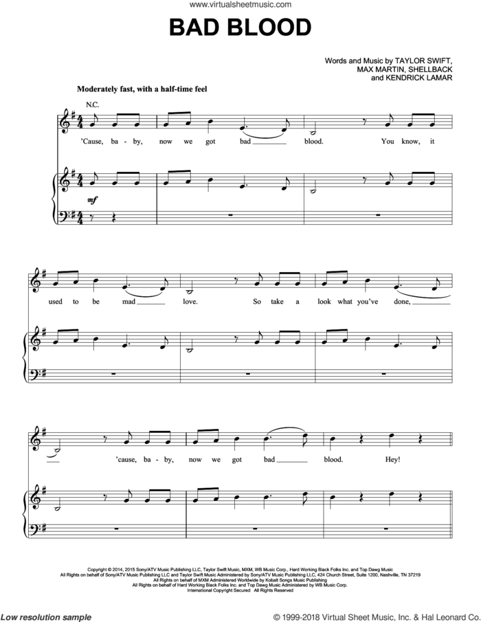 Bad Blood sheet music for voice, piano or guitar by Taylor Swift (feat. Kendrick Lamar), Johan Schuster, Max Martin, Shellback and Taylor Swift, intermediate skill level