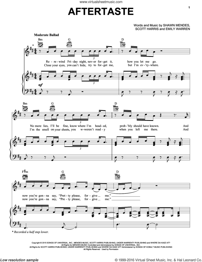 Aftertaste sheet music for voice, piano or guitar by Shawn Mendes, Emily Warren and Scott Harris, intermediate skill level