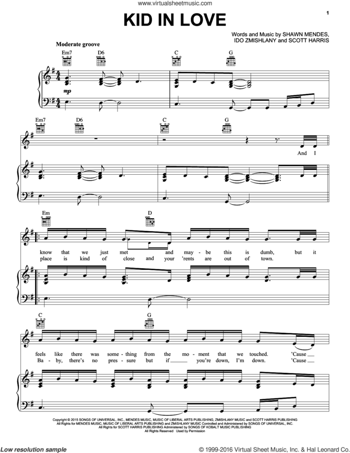Kid In Love sheet music for voice, piano or guitar by Shawn Mendes, Ido Zmishlany and Scott Harris, intermediate skill level