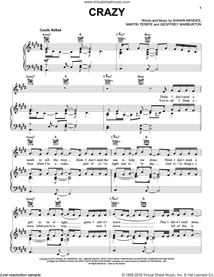 Crazy sheet music for voice, piano or guitar by Shawn Mendes, Geoffrey Warburton and Martin Terefe, intermediate skill level