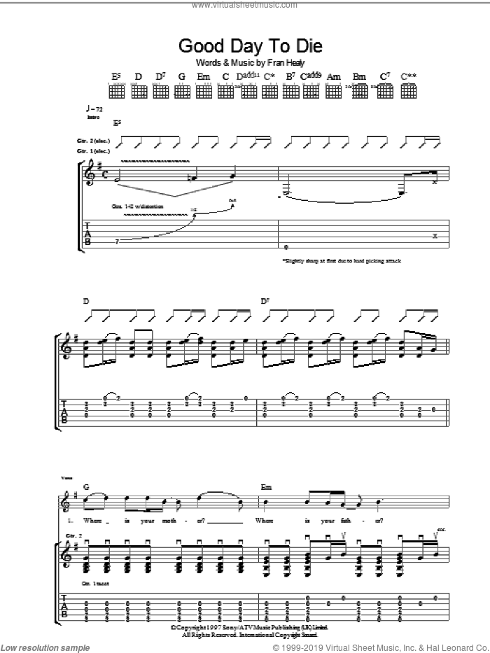 Good Day To Die sheet music for guitar (tablature) by Merle Travis and Fran Healy, intermediate skill level