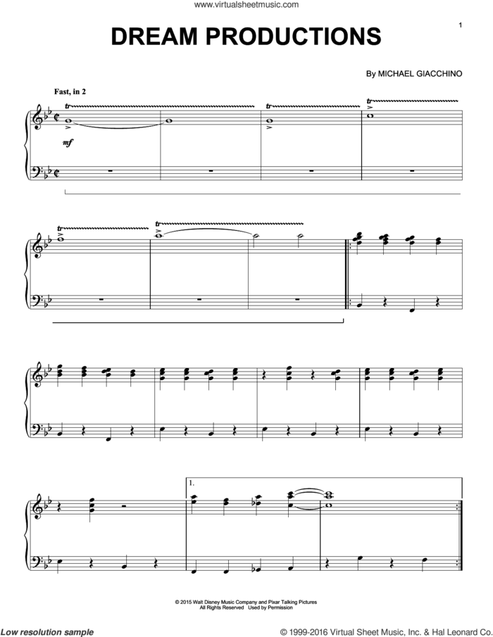 Dream Productions sheet music for piano solo by Michael Giacchino, intermediate skill level