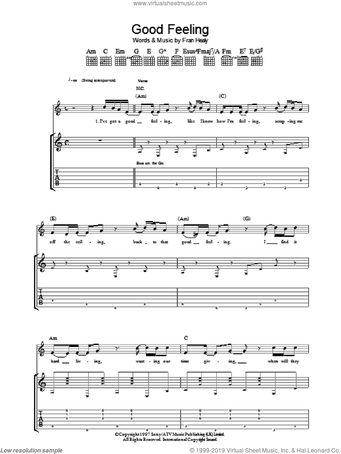 Good Feeling sheet music for guitar (tablature) by Merle Travis and Fran Healy, intermediate skill level
