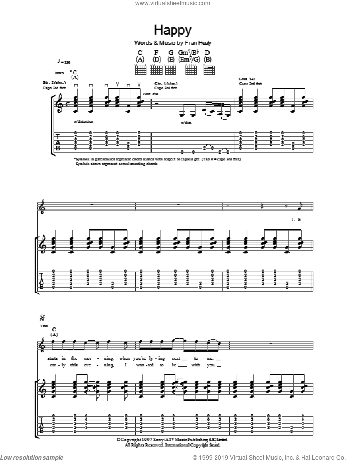 Happy sheet music for guitar (tablature) by Merle Travis and Fran Healy, intermediate skill level