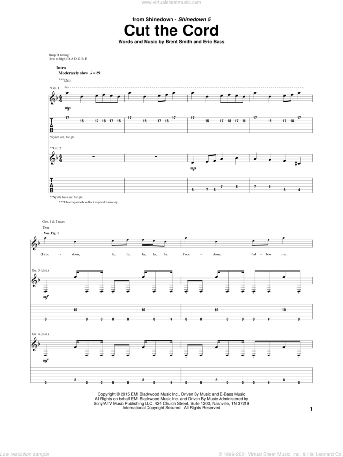 Cut The Cord sheet music for guitar (tablature) by Shinedown, Brent Smith and Eric Bass, intermediate skill level