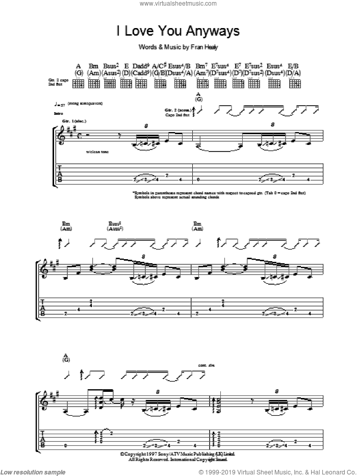 I Love You Anyways sheet music for guitar (tablature) by Merle Travis and Fran Healy, intermediate skill level