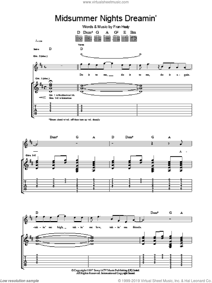 Midsummer Nights Dreamin' sheet music for guitar (tablature) by Merle Travis and Fran Healy, intermediate skill level
