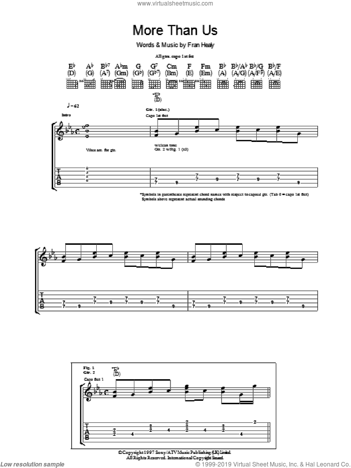 More Than Us sheet music for guitar (tablature) by Merle Travis and Fran Healy, intermediate skill level
