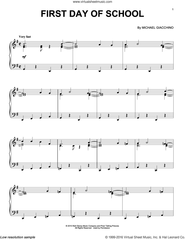 First Day Of School sheet music for piano solo by Michael Giacchino, intermediate skill level