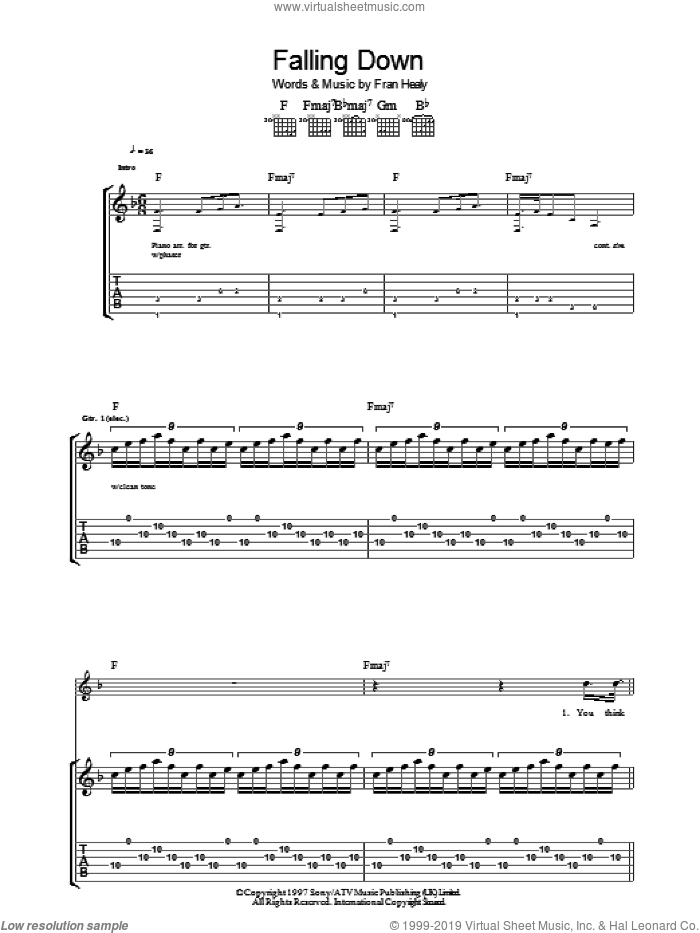 Falling Down sheet music for guitar (tablature) by Merle Travis and Fran Healy, intermediate skill level