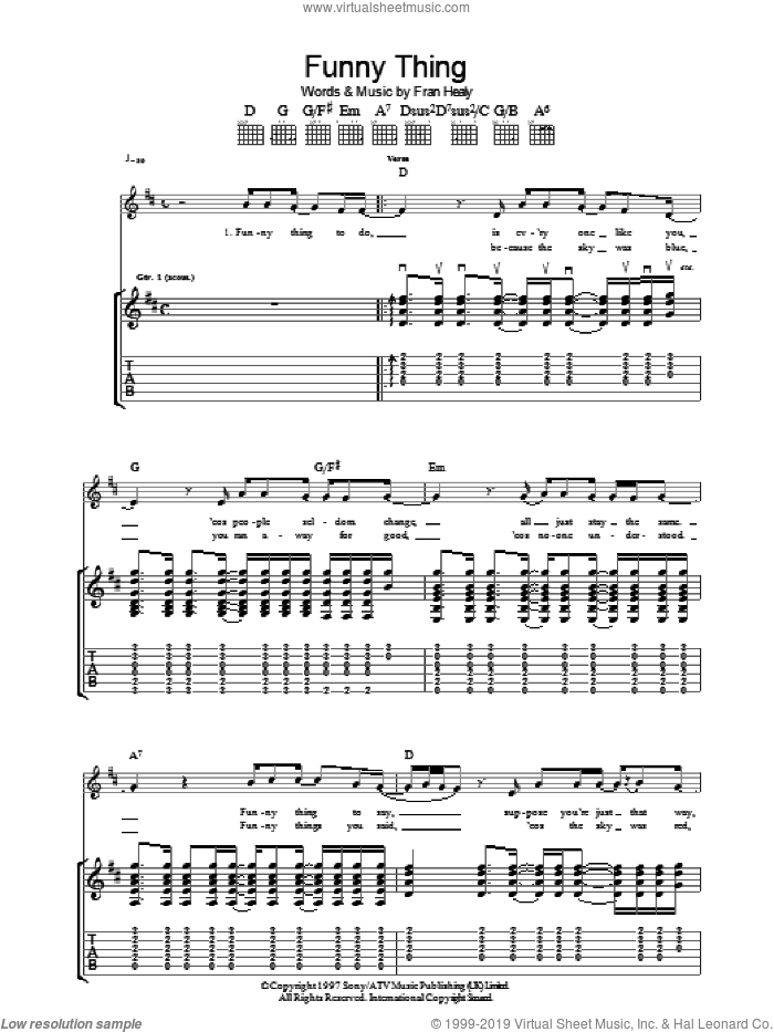 Funny Thing sheet music for guitar (tablature) by Merle Travis and Fran Healy, intermediate skill level