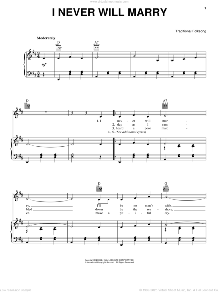 I Never Will Marry sheet music for voice, piano or guitar, intermediate skill level