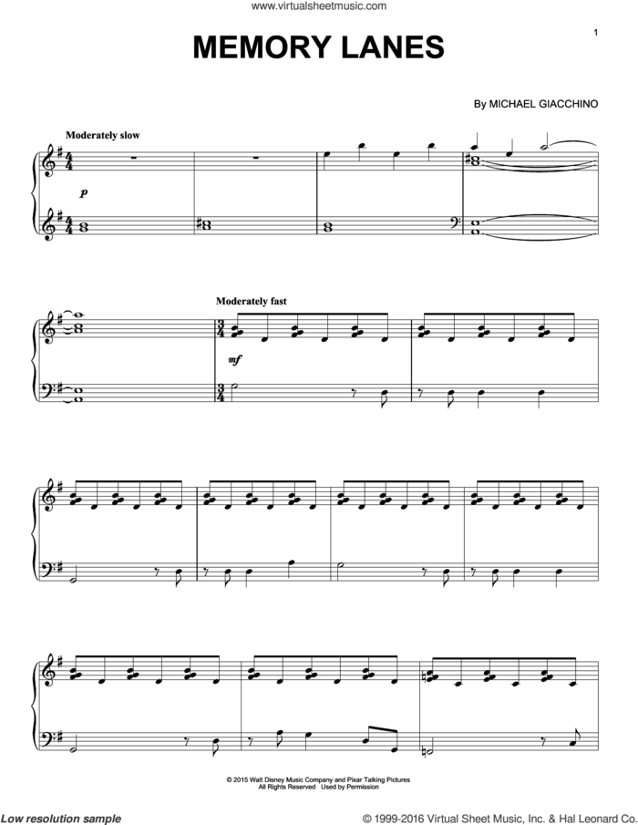 Memory Lanes sheet music for piano solo by Michael Giacchino, intermediate skill level