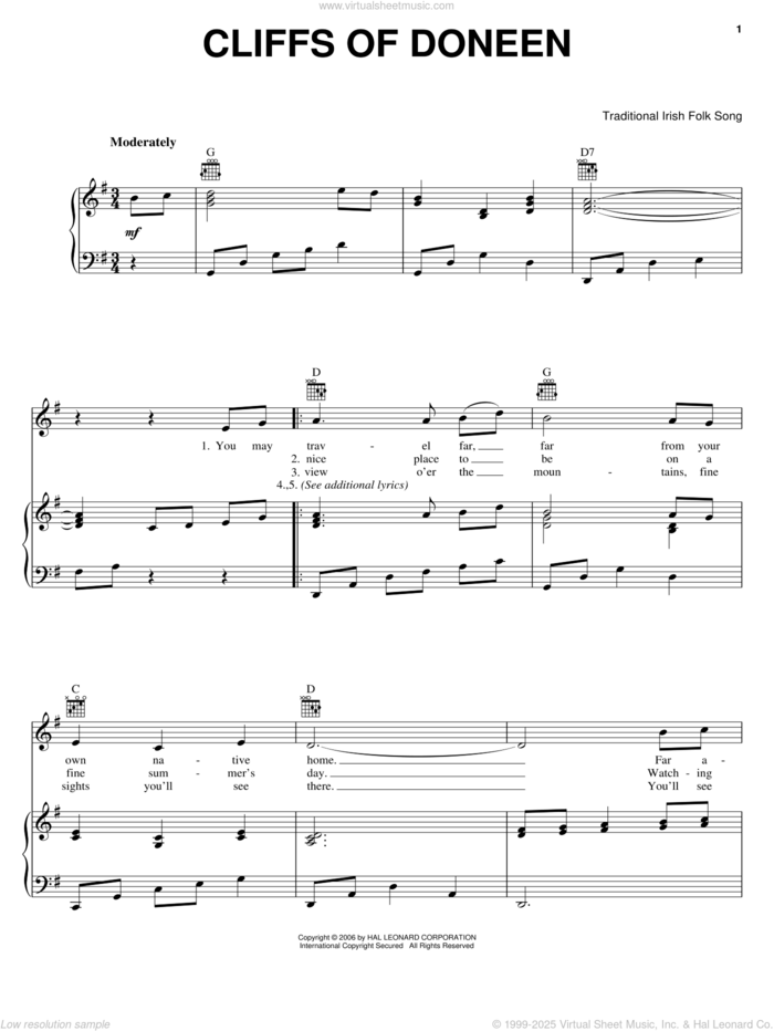 Cliffs Of Doneen sheet music for voice, piano or guitar, intermediate skill level