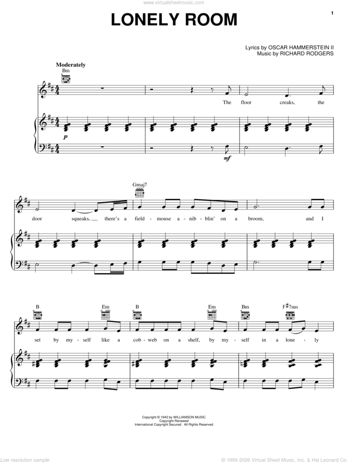 Lonely Room (from Oklahoma!) sheet music for voice, piano or guitar by Rodgers & Hammerstein, Oklahoma! (Musical), Oscar II Hammerstein and Richard Rodgers, intermediate skill level