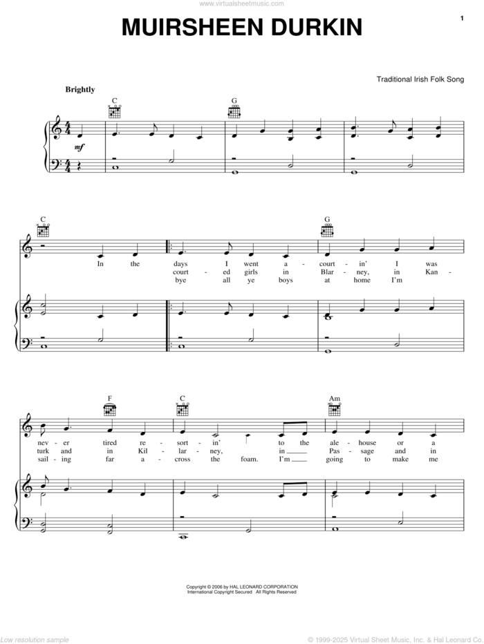 Muirsheen Durkin sheet music for voice, piano or guitar, intermediate skill level