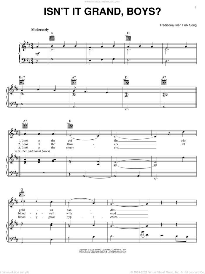Isn't It Grand Boys sheet music for voice, piano or guitar, intermediate skill level