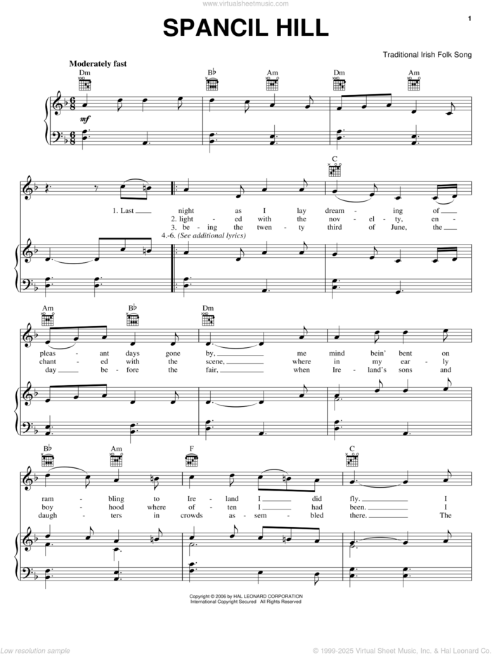 Spancil Hill sheet music for voice, piano or guitar, intermediate skill level