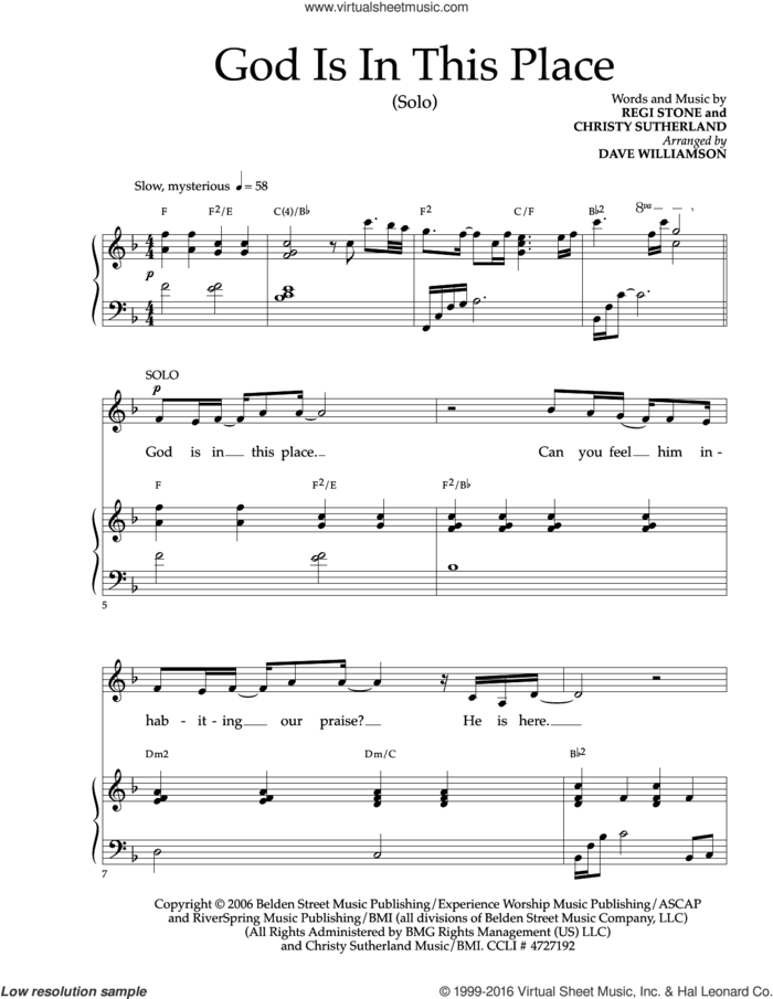 God Is In This Place sheet music for voice and piano by Regi Stone and Christy Sutherland, intermediate skill level