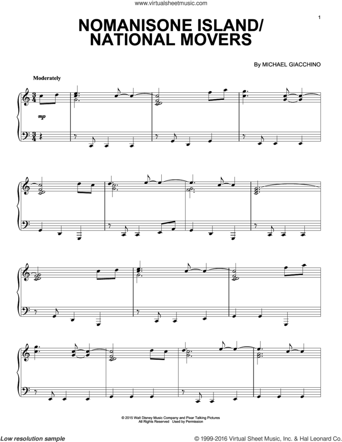 Nomanisone Island/National Movers sheet music for piano solo by Michael Giacchino, intermediate skill level