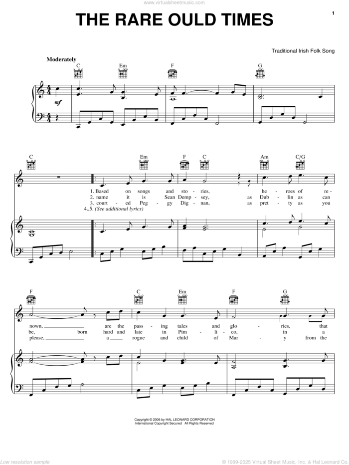 The Rare Ould Times sheet music for voice, piano or guitar, intermediate skill level