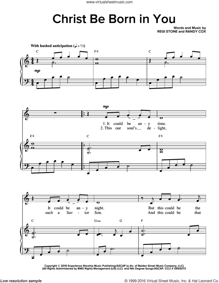 Christ Be Born In You sheet music for voice and piano by Regi Stone, Miscellaneous and Randy Cox, intermediate skill level
