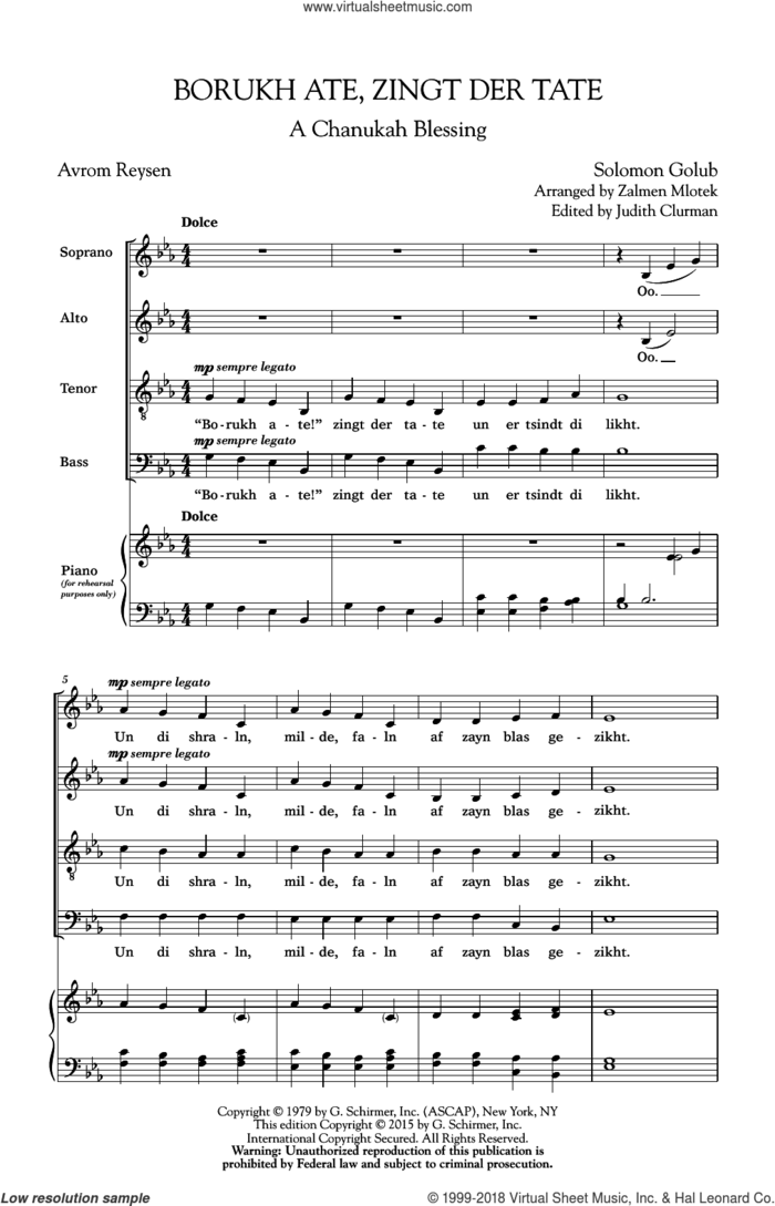 Burukh Ate, Zingt Der Tate sheet music for choir (SATB: soprano, alto, tenor, bass) by Solomon Golub and Zalomon Mlotek, intermediate skill level