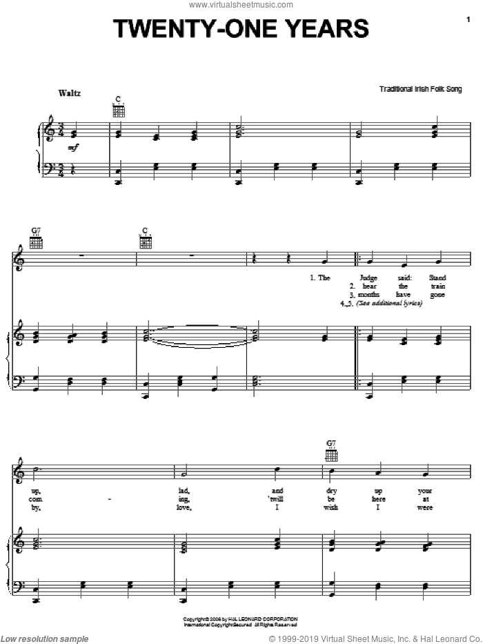 Twenty-One Years sheet music for voice, piano or guitar, intermediate skill level