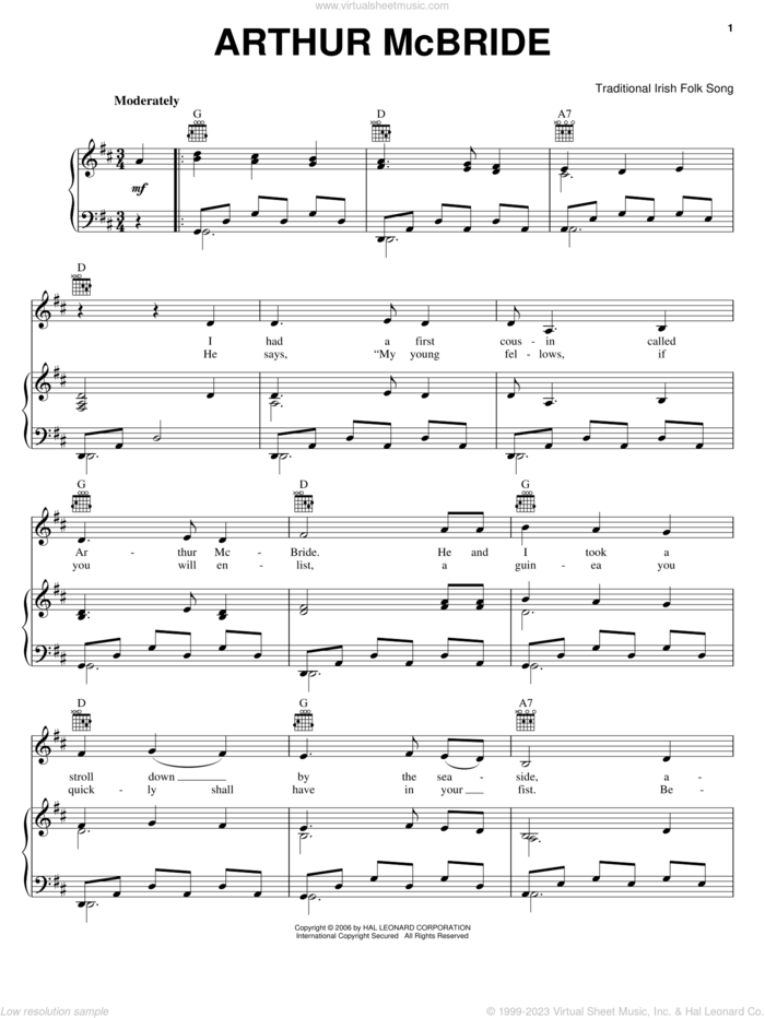 Arthur McBride sheet music for voice, piano or guitar, intermediate skill level