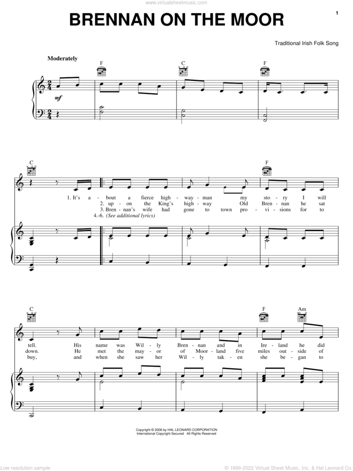Brennan On The Moor sheet music for voice, piano or guitar, intermediate skill level