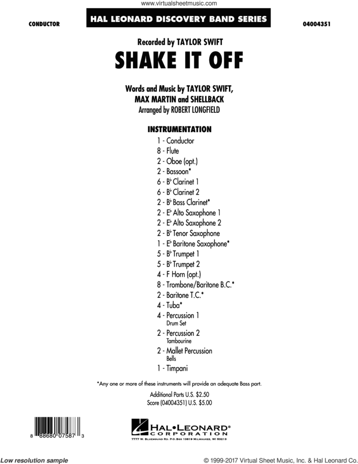 Shake It Off (COMPLETE) sheet music for concert band by Taylor Swift, Johan Schuster, Max Martin, Robert Longfield and Shellback, intermediate skill level