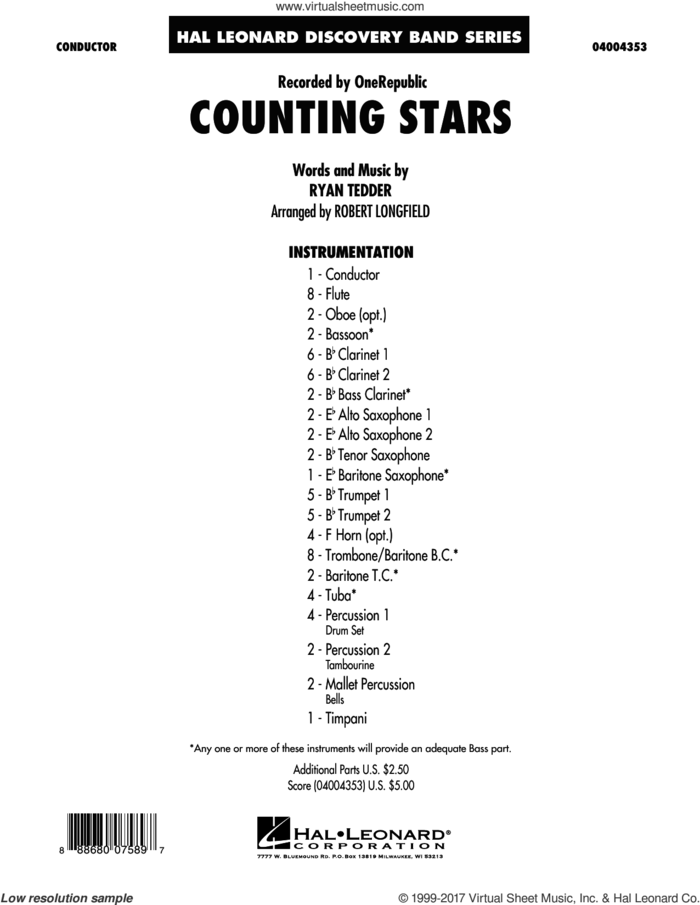 Counting Stars (COMPLETE) sheet music for concert band by Robert Longfield, OneRepublic and Ryan Tedder, intermediate skill level