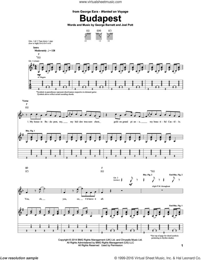 Budapest sheet music for guitar (tablature) by George Ezra, George Barnett and Joel Pott, intermediate skill level