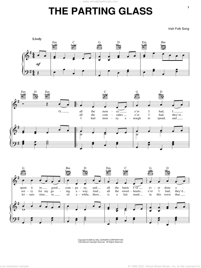 The Parting Glass sheet music for voice, piano or guitar, intermediate skill level