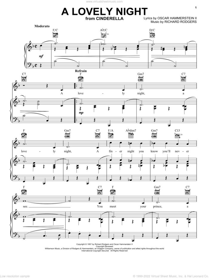 A Lovely Night (from Cinderella) sheet music for voice, piano or guitar by Hammerstein, Rodgers &, Cinderella (Musical), Rodgers & Hammerstein, Oscar II Hammerstein and Richard Rodgers, intermediate skill level