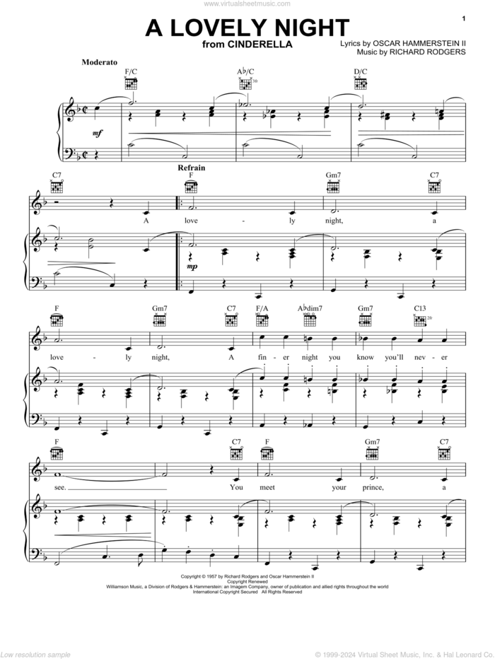 A Lovely Night (from Cinderella) sheet music for voice, piano or guitar by Hammerstein, Rodgers &, Cinderella (Musical), Rodgers & Hammerstein, Oscar II Hammerstein and Richard Rodgers, intermediate skill level