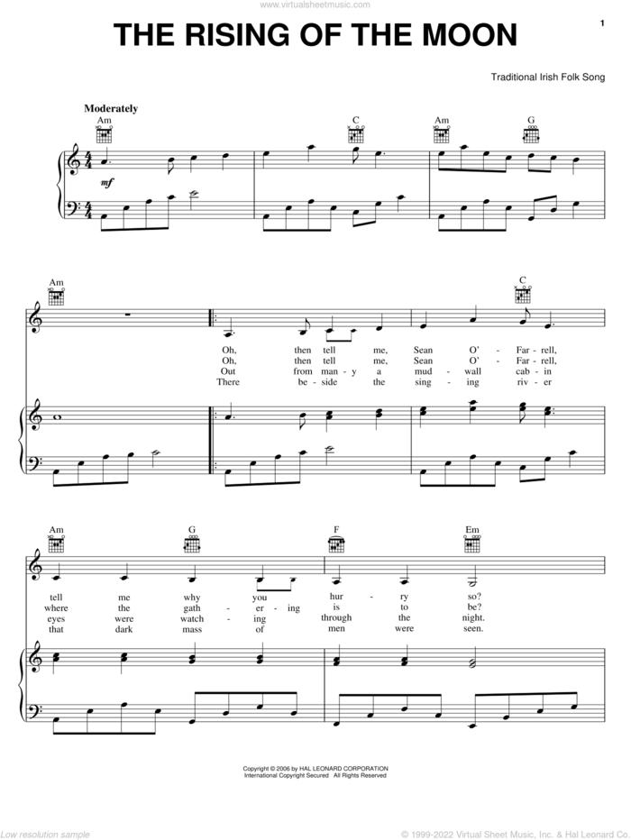 The Rising Of The Moon sheet music for voice, piano or guitar, intermediate skill level