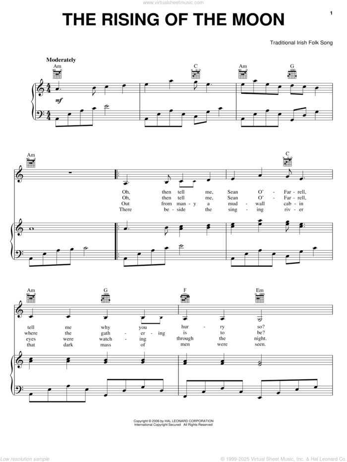 The Rising Of The Moon sheet music for voice, piano or guitar, intermediate skill level