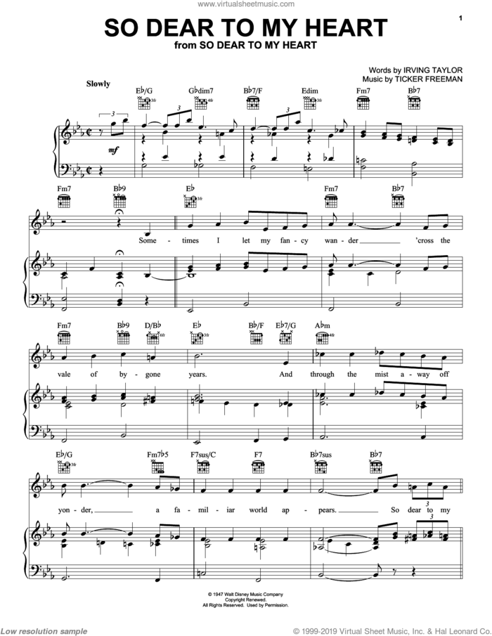 So Dear To My Heart sheet music for voice, piano or guitar by Peggy Lee, Irving Taylor and Ticker Freeman, intermediate skill level