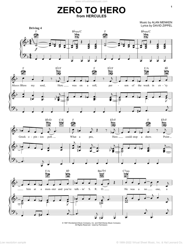 Zero To Hero (from Hercules) sheet music for voice, piano or guitar by Alan Menken and David Zippel, intermediate skill level