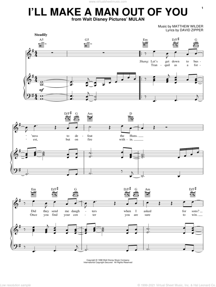 I'll Make A Man Out Of You (from Mulan) sheet music for voice, piano or guitar by David Zippel, Mulan (Movie) and Matthew Wilder, intermediate skill level