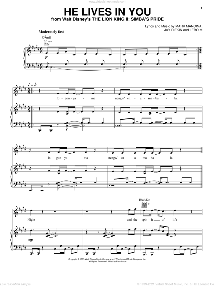 He Lives In You (from The Lion King II: Simba's Pride) sheet music for voice, piano or guitar by Lebo M., Tina Turner, Jay Rifkin and Mark Mancina, intermediate skill level
