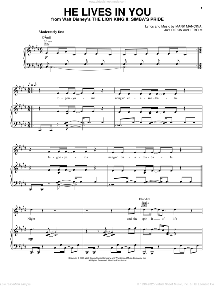 He Lives In You (from The Lion King II: Simba's Pride) sheet music for voice, piano or guitar by Lebo M., Tina Turner, Jay Rifkin and Mark Mancina, intermediate skill level