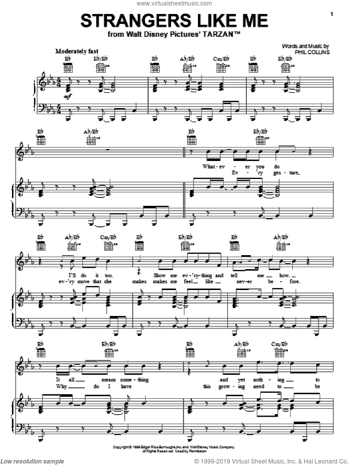 Strangers Like Me sheet music for voice, piano or guitar by Phil Collins, intermediate skill level