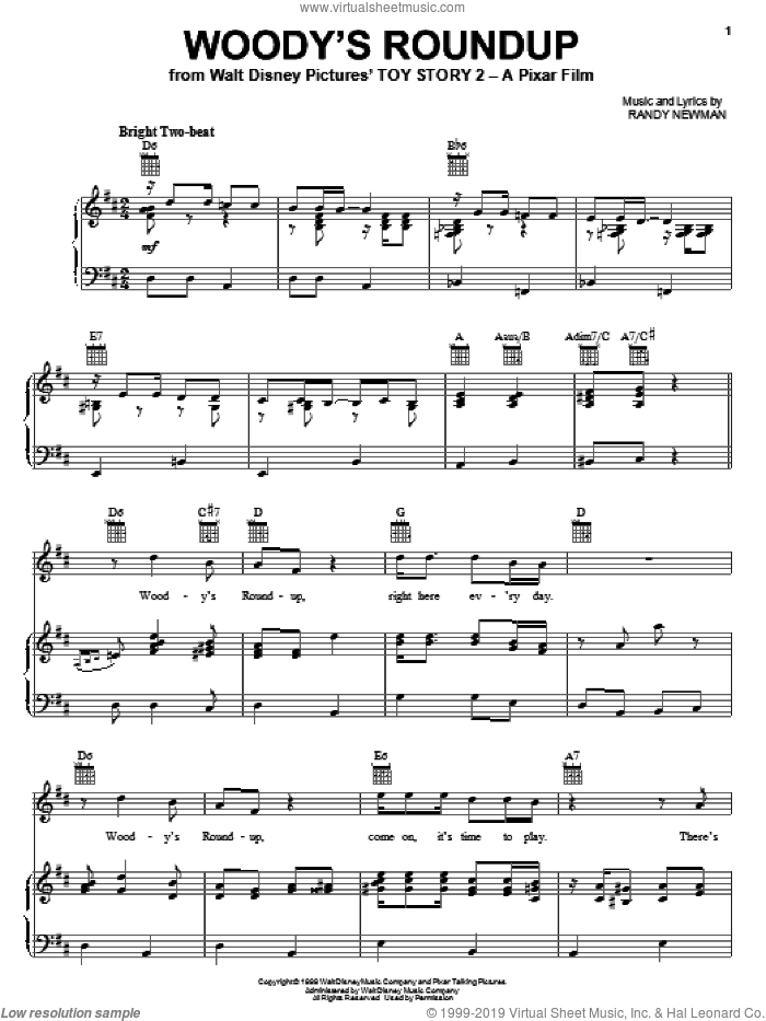 Woody's Roundup (from Toy Story 2) sheet music for voice, piano or guitar by Riders in the Sky, Toy Story 2 (Movie) and Randy Newman, intermediate skill level