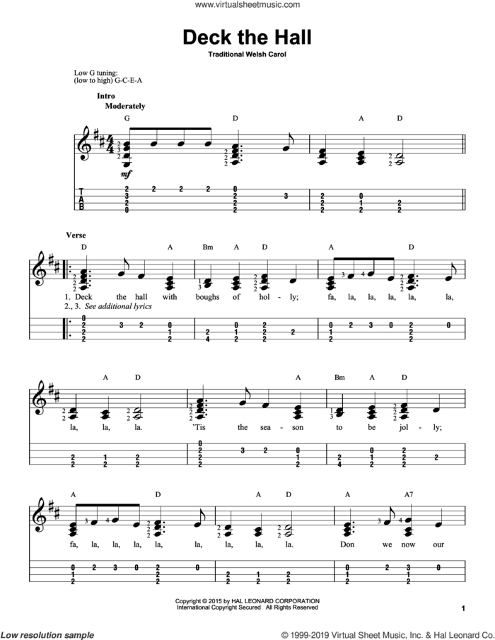 Deck The Hall sheet music for ukulele (easy tablature) (ukulele easy tab), intermediate skill level